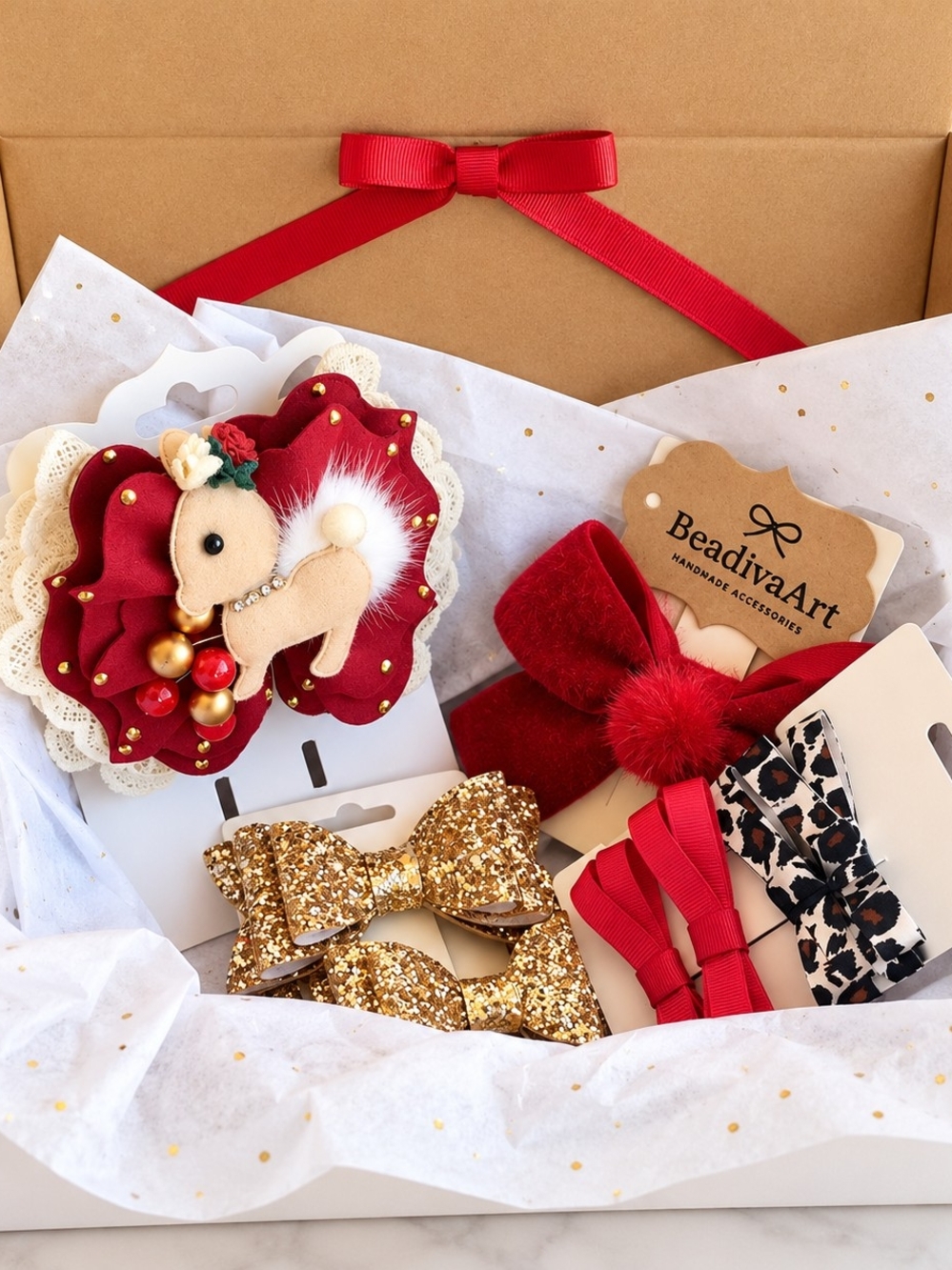 Girls Hair Bow & Clip Gift Set Handmade Red Gold Leopard Accessories.